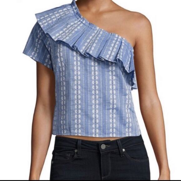 NWT Splendid one shoulder Ruffle top women’s size XS Blue and white - Picture 5 of 16